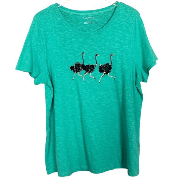 Talbots Woman Running Ostriches Crewneck Tee Green Short Sleeve Plus Size 1X - Picture 1 of 6